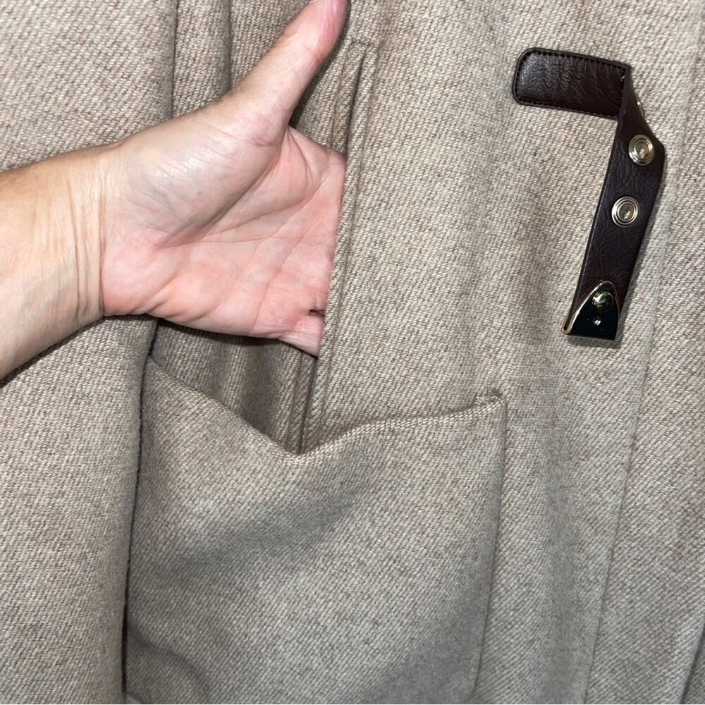 Calvin Klein NWT Tan Herringbone Wool Coat Faux Fur Hood Size L - Picture 9 of 11